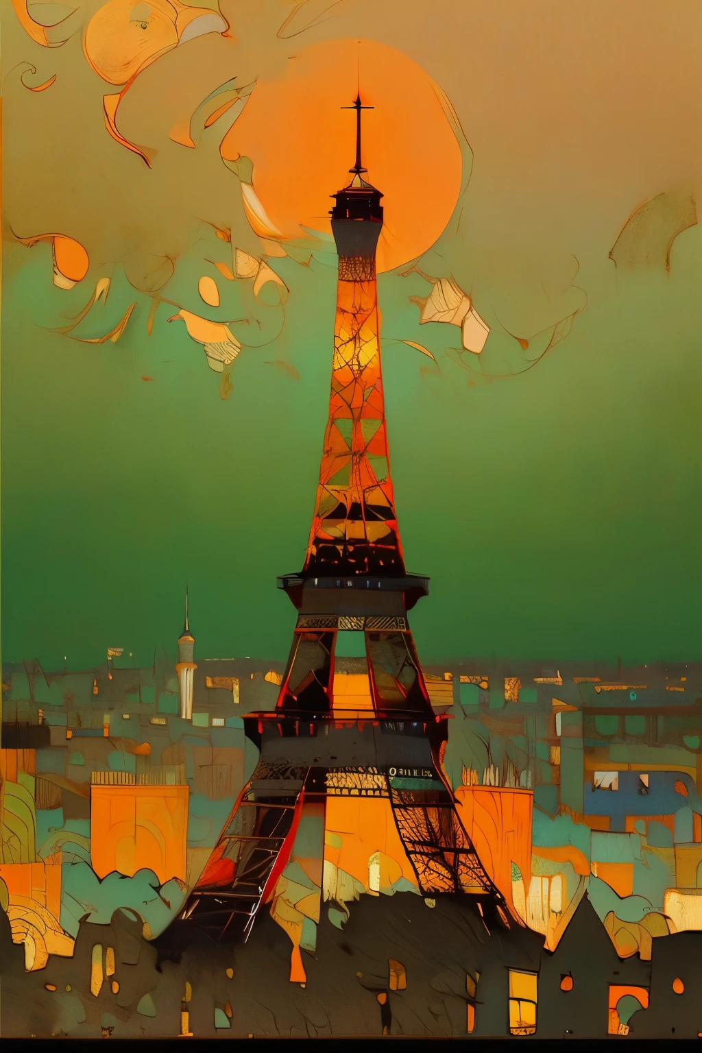 Affiche vectorielle style Van Gogh (Tour Eiffel, champ de Mars, Seine dans la ville de Paris) en terrasse le soir sur la place de la ville à Paris le soir du nouvel An avec les décorations de Noël ; peinture naturalisme impressionniste pointillisme couleurs vives avec du contraste, Proche de la perfection, dynamique, Clair de lune, Très détaillé, Peinture à l’aquarelle Vincent Van Gogh, illustration, illustrations de Van Gogh, Paris, Tour Eiffel, champ de Mars, Seine dans la ville de Paris, selfie impressionniste pointillisme vue avec décorations lumineuses de Noël avec le style impressionniste naturalisme pointillisme Paris