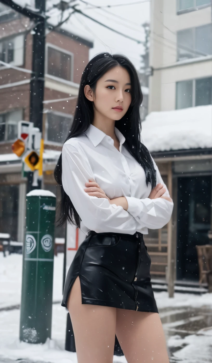 Japanese woman, beautiful face, long black hair, Y-shirt, super miniskirt, beautiful legs, bare legs, arms crossed, heavy snow, blizzard, snowfall, strong wind, hair tousled by the wind, black sunglasses