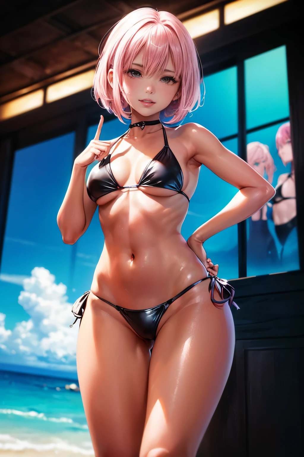 NSFW, ((anatomically correct hand:1.5)), anime, sexy, ((京都animeーション風に:1.5)), ultra precision, masterpiece, very very beautiful, princess face, ((1 woman)), ((alone:1.5)), ((pink hair:1.5)), ((bob cut 1.5)), break, ((black eye)), shortcut, ((straight hair)), break, complete limbs,((full finger:1.5)), NSFW, ((Beautiful girl in shiny black bikini swimsuit:1.5)), ((skin dents)), professional lighting, (25 years old), tight waist, shiny skin ((brown skin:1.5)), ((oily skin)), glowing skin, looking at the viewer, cowboy shot, ((dynamic pose:1.5)), looking at camera, in the room, sexy, slight smile, slightly open mouth, ((cute)), ((model pose:1.5)), ((arms behind)), super detailed face, ((thin lips:1.5)), sexy, ((droopy eyes)), slight smile, sexy, looking at camera, sexy,