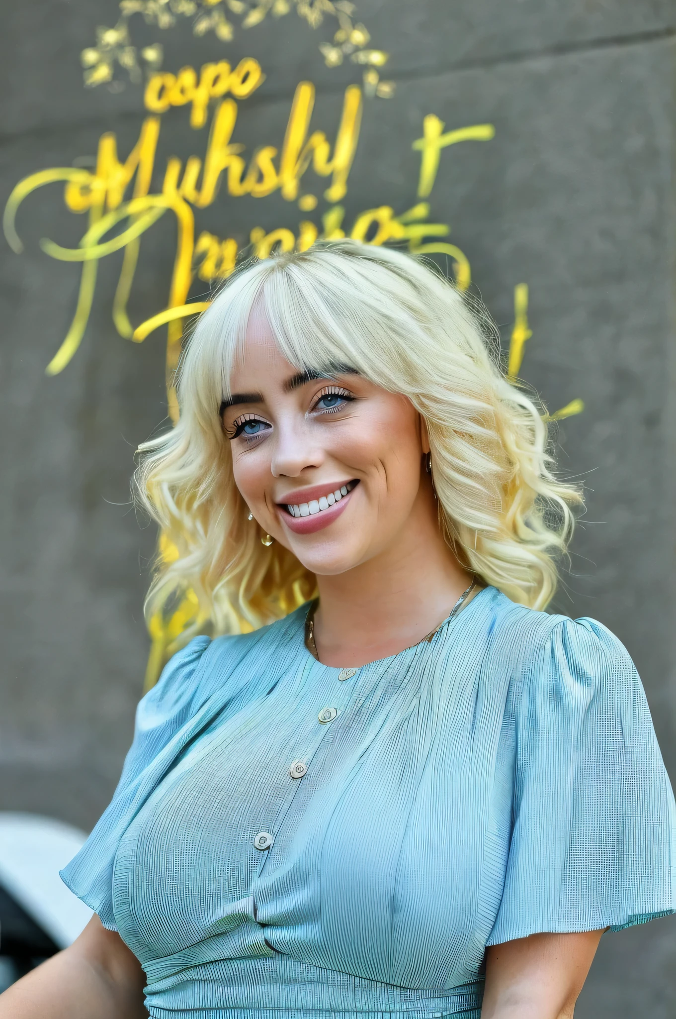 a realistic portrait of cute Billie eilish wearing along tight dress with busty tits ,masterpiece, best quality, highest quality, photorealistic, perfect anatomy, perfect face, perfect eyes,perfect tunge , Exquisite visuals, high-definition,masterpiece,best quality, masterpiece, best quality, ultra-high-detailed, ,bukkake,m viewer,smiling,happy