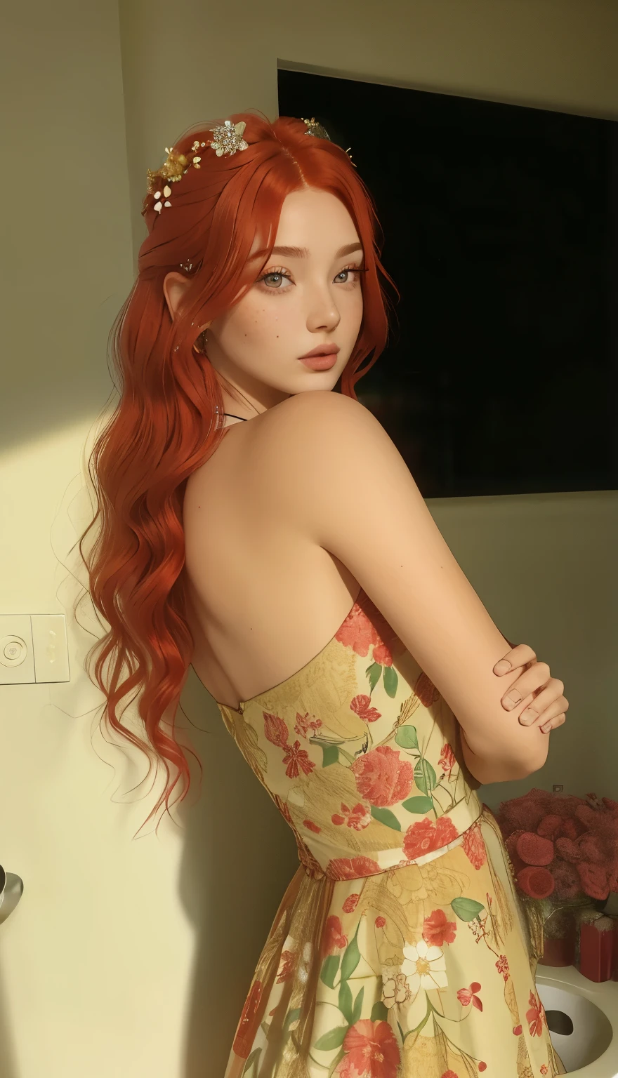 Mujer arafed con cabello rojo y un vestido floral posando para una foto., lavabo sadie, flowing pelirrojo, Cabello largo y rojo brillante, long pelirrojo, Cabello ondulado de jengibre, Pelo largo rizado de color rojo, hada ellie bamber, eleanor tomlinson, con pelo rojo rizado, diosa pelirroja, pelo largo de color rojo, pelirrojo with freckles, pelirrojo, with pelo largo de color rojo