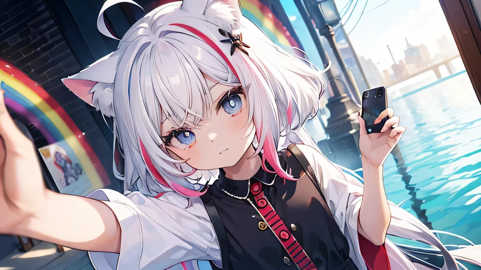 loli, escondendio as maos. com roupa estilosa, cabelos brancos com mexas coloridas multicolor, olhos multi color, orelha de gato, rabo de gato.selfie, olhando para o espequitador