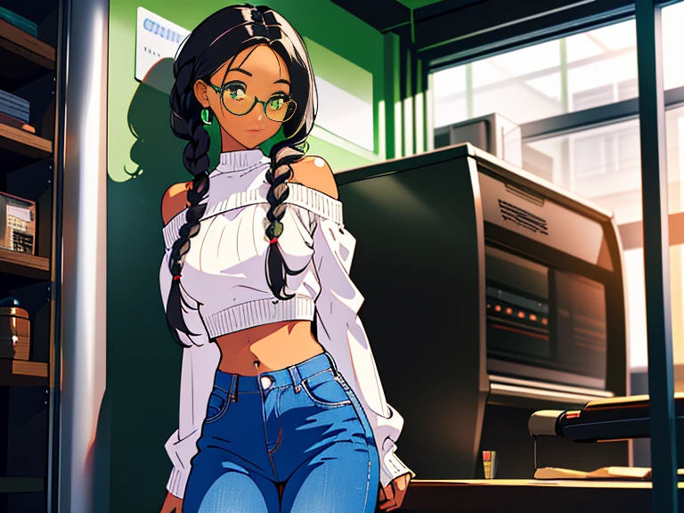 masterpiece, 4k, detailed, extreme detailed, hd, cowboy shot, (1 girl), (solo), {{dark skin}}, (glasseig eyes, 25yo, white sweater, off shoulder, sleeves, belly, medium breast, short black hair, (two braids), short two braids, (medium two braidlowers in hair), green eyes, strong build, athletic body, jeans, (high quality), (hd), (very detailed) ), curly hair, wide waist, slightly chubby