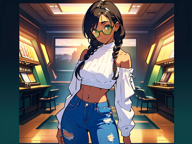 masterpiece, 4k, detailed, extreme detailed, hd, cowboy shot, (1 girl), (solo), {{dark skin}}, (glasseig eyes, 25yo, white sweater, off shoulder, sleeves, belly, medium breast, short black hair, (two braids), short two braids, (medium two braidlowers in hair), green eyes, strong build, athletic body, jeans, (high quality), (hd), (very detailed) ), curly hair, wide waist, slightly chubby