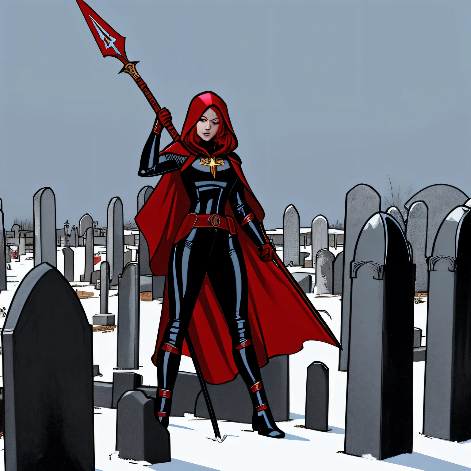 1 woman red hair, wearing hood, wearing holy armor, black bodysuit bare belly, best quality, 8k, comic book style, magdalena, holding spear gracefully, full body, on top of graveyard background
