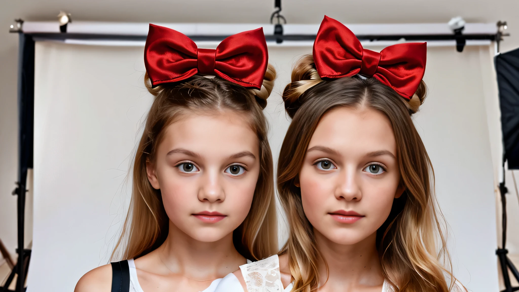 Russian style, girl , photo studio red background, close-up, bust, portrait, long blonde hair and giant red bow on head