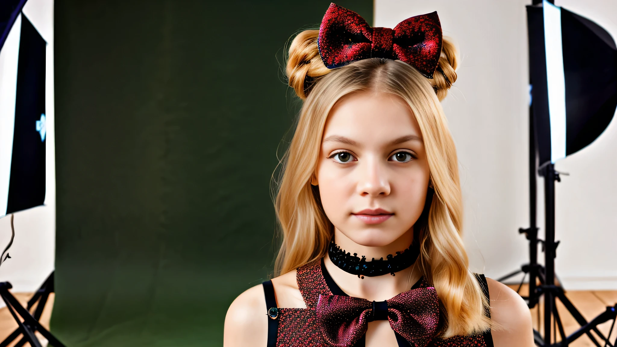 Russian style, girl children , photo studio white infinite background, close-up, bust, portrait , long blonde hair TRANCES and giant bow BLACK on head