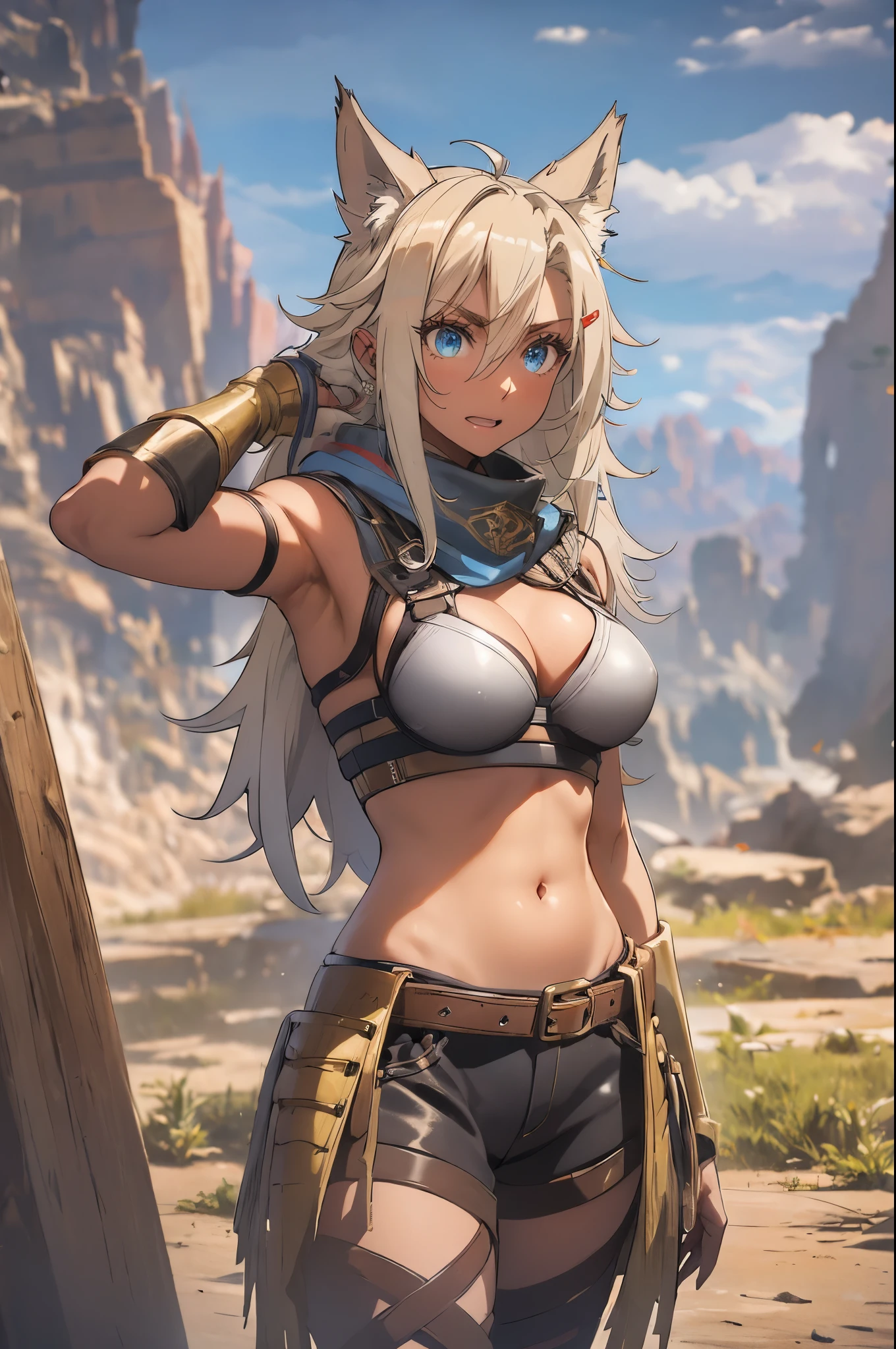 8K, Best Quality, Masterpiece, Ultra High Resolution, fantasy, girl, (very long length blonde hair,) blue eyes, flowing hair, 1girl, intimidating, golden blonde hair, ear piercings, in the middle of nowhere, dark skin, long hair, ager, dark skin, very long hair, dark skin toned, badass, fox ears, black fox ears, large breasts, bandit girl, young teengirl, short statured, marauder girl, bandit outfit, outside, out in the wastelands, in a wasteland, badlands, wearing bandits attire, in the middle of nowhere, rough looking outfit, a very worn outfit, belly showing, showing her stomach, wearing light clothing, in a town