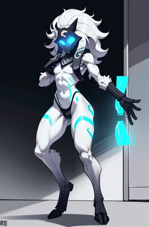 kindred, chest tuft, digitigrade, ((white hair)), long hair, black mask, completely white fur, (blue eyes, glowing eyes:1.4), uploaded the e621, beautiful and detailed, male, androgynous (((androgynous))) completely white fur, anthro, kenket, Ross Tran, ruan jia, uploaded to e621,without any garment, no clothes, zaush, lighting zenematic, agresive, bl, lamb, thighighs, big chest, full body, beautiful, messy hair, thong, muscular, alone, submissive, standing, sweating, in heat, lust, trembling, night, neon colors, stripper, looking at the viewer, combat pose, ready for attack, ,skinny muscle kinny, Male,