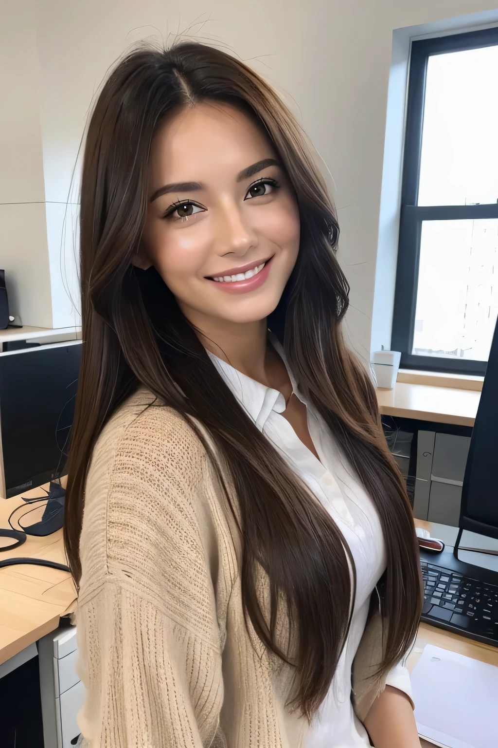 Women, brunette, happy, smiling, staring at camera, in an office, beautiful, masterpiece