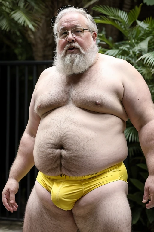 a masterpiece by Raphael man Plump elderly old bearded gray-haired fat belly large morbid extremely thick thighs wearing only yellow trunks