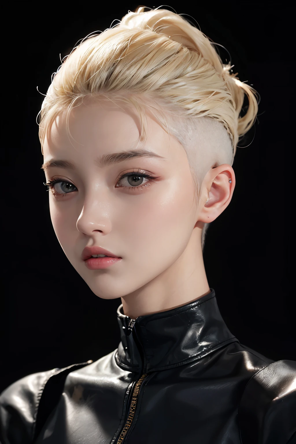 20 year old woman、blonde、(high top fade:1.3)、dark theme、black eyes、calm tone、calm colors、high contrast、(natural skin texture、hyper realism、soft light、sharp)