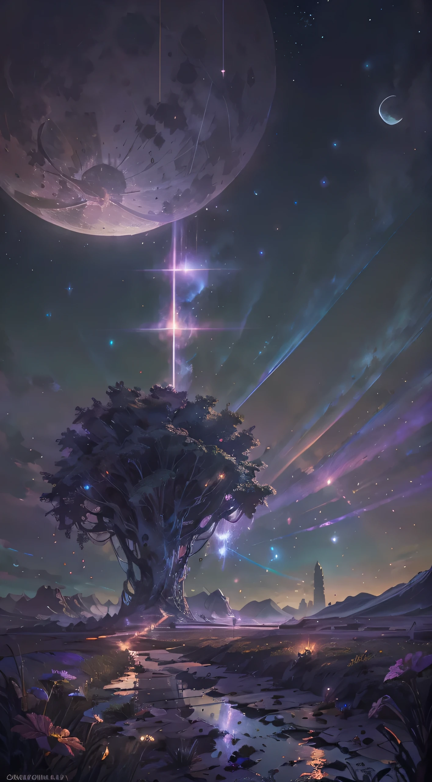 expansive landscape photograph, (Look below.), Above is the sky, Below is an open field), A girl standing on a flower field looking up, (Full Moon: 1.2), (Meteor: 0.9), (Nebula: 1.3), distant mountain, Tree BREAK  art, (Warm light source: 1.2), (Firefly: 1.2), lights, Lots of purple and orange, complicated detail, volume lighting, Realism BREAK (Masterpiece: 1.2), （best quality）, Ultra-detailed, (Dynamic composition: 1.4), RAWExtremely detailed, Colorful details, (Rainbow colors: 1.2), (glowing lighting, atmospheric lighting), Dreamlike, Magical, (Solo: 1.2), 4k  
