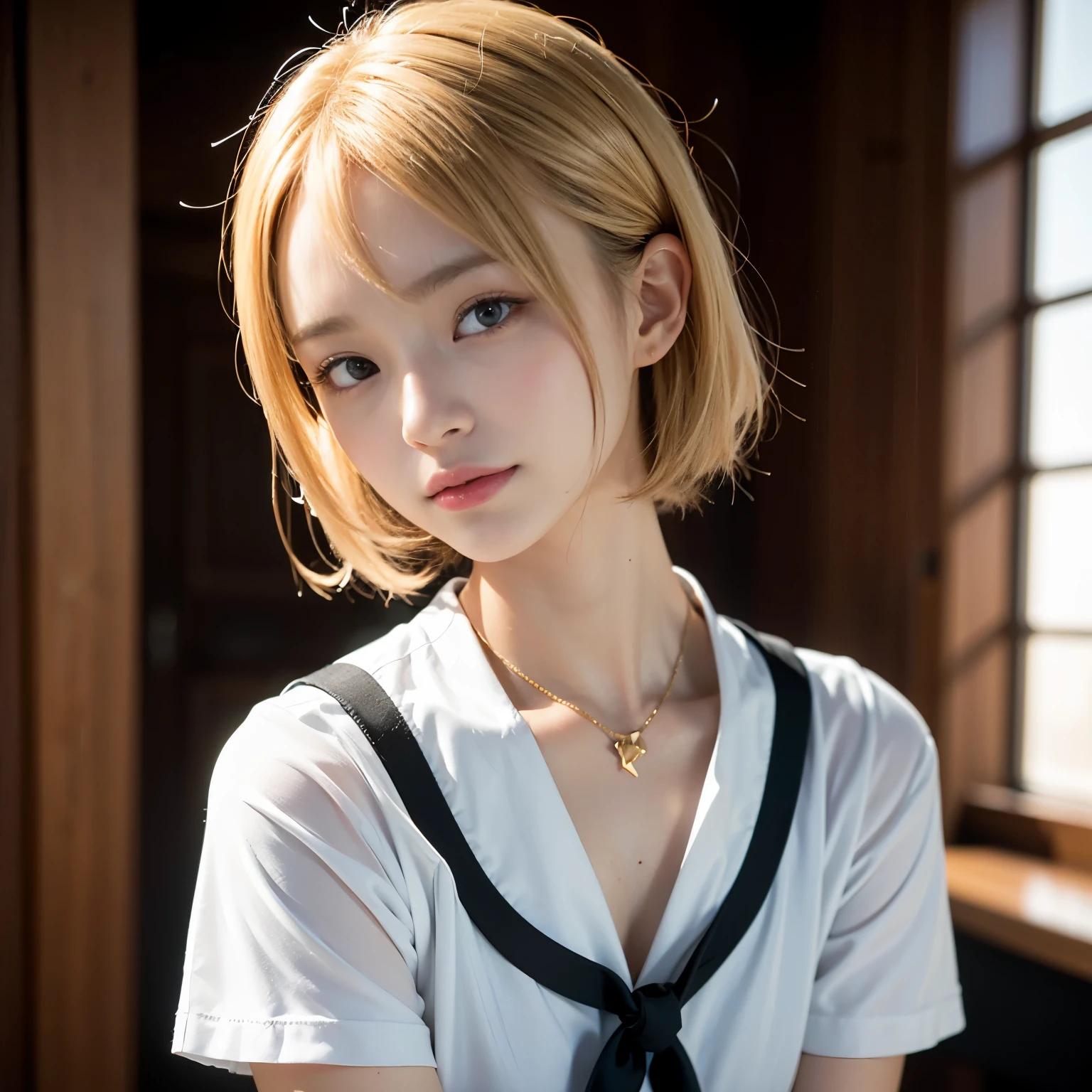 (muste piece, best quality:1.2), 8K, official art, Raw photo, Full Bord Bill Four、Running in the corridor、impatient、front desk、uniform、cute smile、thin、14 years old、small breasts、incredibly ridiculous, (upper body whole body, uniform、panties:1.4), beautiful girl, Pretty face, arching back down,、Gold hair ornament on hair、blonde、Bob Perm、close up of breasts, sailor suit, short sleeve, Violacea, , looking at the viewer, film grain, chromatic aberration, Tits sharp focus, face light, dynamic lighting, cinematic lighting, detailed eyes and face, bokeh background,