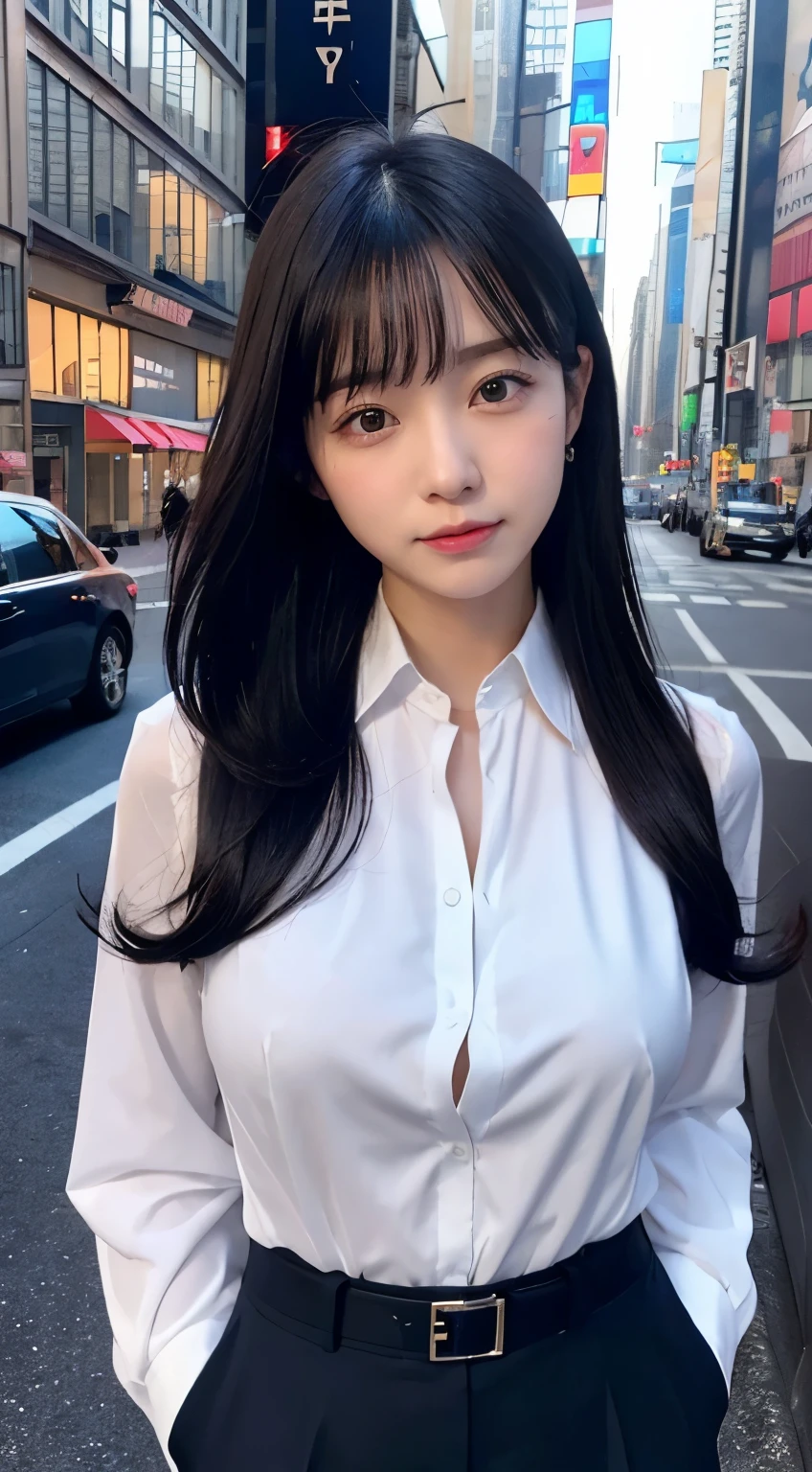 (1 cute Korean star with royal sister style), ((Best quality, 8K, 巨作: 1.3)), focal point: 1.2, Perfect body proportions: 1.4, (Make a smile), (Ray traching),Watery eyes, Highly Detailed Face and Skin Textur, Fine eyes, Double eyelids, Whitens the skin, (long whitr hair, Air bangs: 1.3), (face round: 1.5), (White opaque bow tie shirt: 1.4), (JK style:1.4),(on the rooftop,The wind blows),(white stockings),