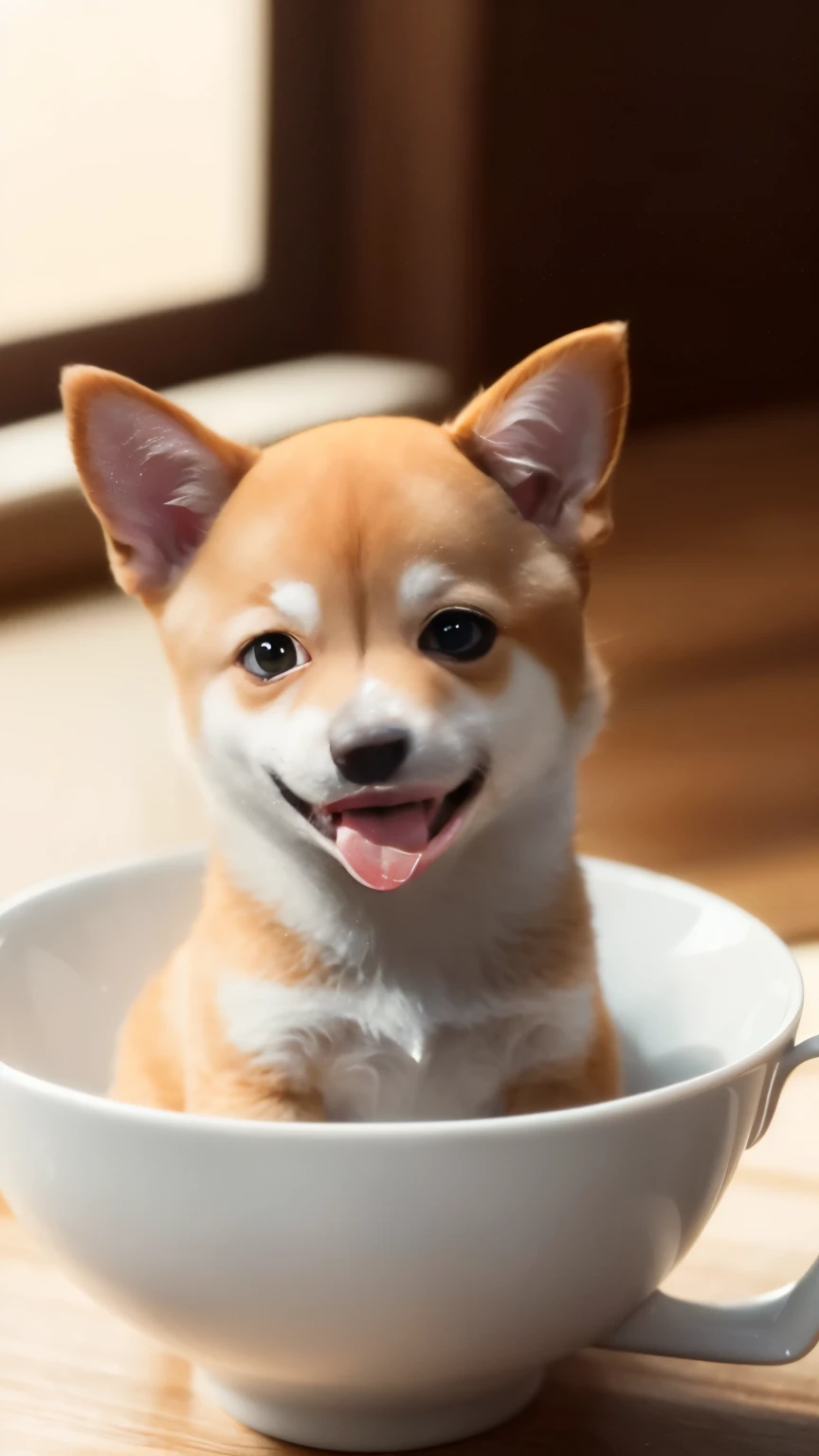 Doushiba Inu、(((small)))、In a teacup、showing one's face、sticking out tongue、Putting the front paws out of the teacup、8k、professional photos、delicate、distinct、on the table、inside the house、sunlight、light leak、masterpiece、(((lovely)))、Stylish teacups、(((reality)))、Mokomoko