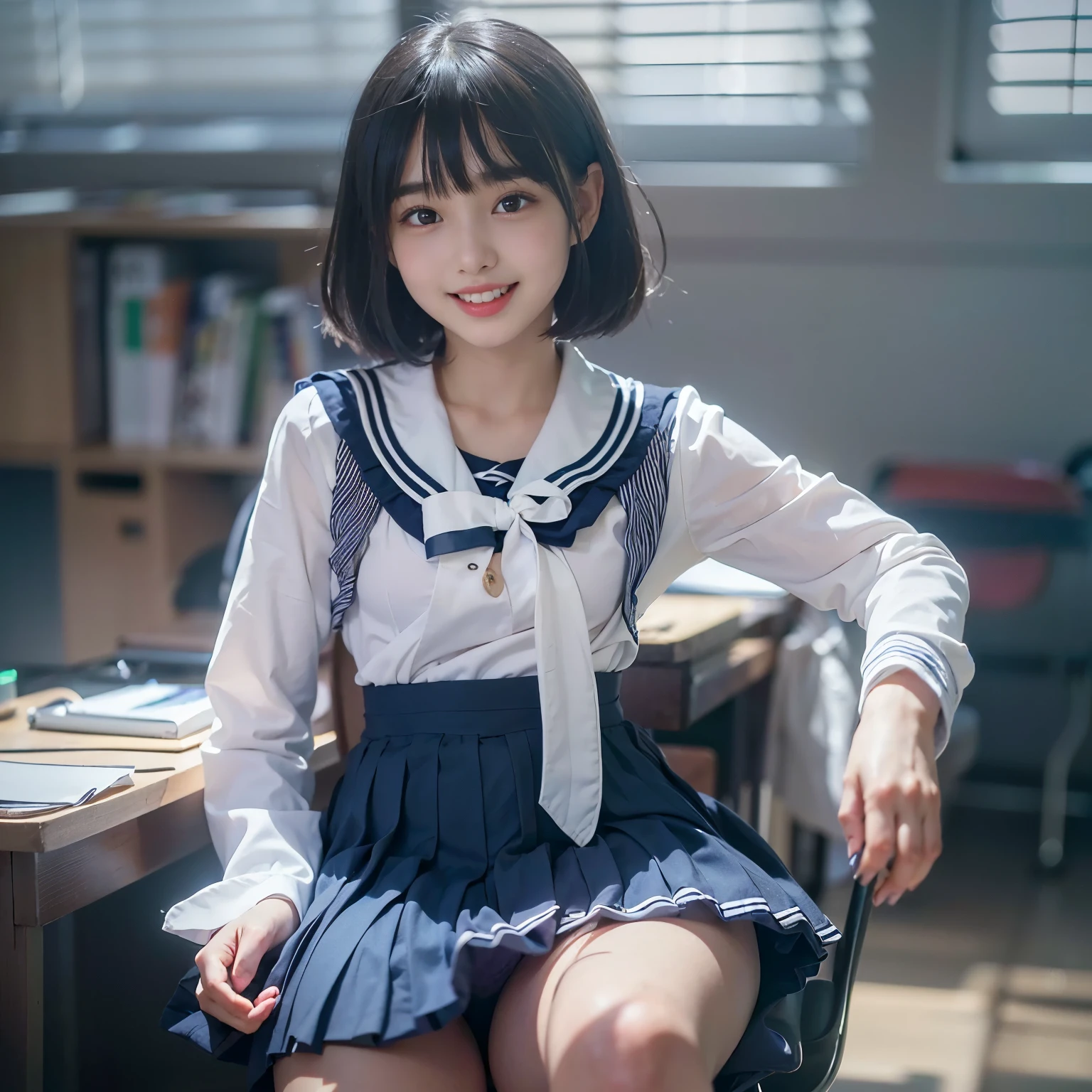 masterpiece、highest quality、super realistic、surreal、Ultra high definition、8k、Raw photo、textured skin、A Nogizaka girl lying on a desk,(,medium bob hair,bangs,black hair,floating hair,slim,small face,chest is small,thin waist,small ass,smile showing teeth:1.5)、(sailor uniform long sleeve school uniform、dark blue pleated skirt、super short skirt、white panties:1.5)、dynamic pose、classroom、(Natural light、strong sunlight、Moving the chart, film grain、profile、profile、It's blurry、full body shot、very long shot、letterbox、negative space、Sigma 85mm F/1.4)、finder