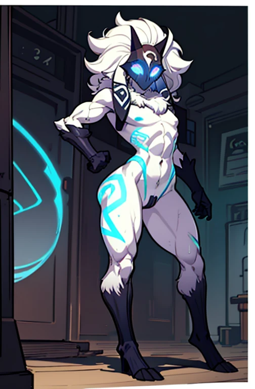 kindred, chest tuft, digitigrade, ((white hair)), long hair, black mask, completely white fur, (blue eyes, glowing eyes:1.4), uploaded the e621, beautiful and detailed, male, androgynous (((androgynous))) completely white fur, anthro, kenket, Ross Tran, ruan jia, uploaded to e621,without any garment, no clothes, zaush, lighting zenematic, agresive, bl, lamb, thighighs, big chest, full body, beautiful, messy hair, thong, muscular, alone, submissive, standing, sweating, in heat, lust, trembling, night, neon colors, stripper, looking at the viewer, combat pose, ready for attack, ,skinny muscle kinny, Male, 