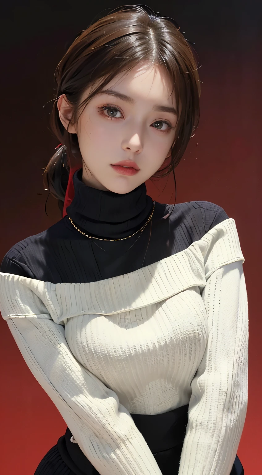 ((best quality, 8k, masterpiece: 1.3)),1girl, ((turtleneck, black sweater, background, red background))