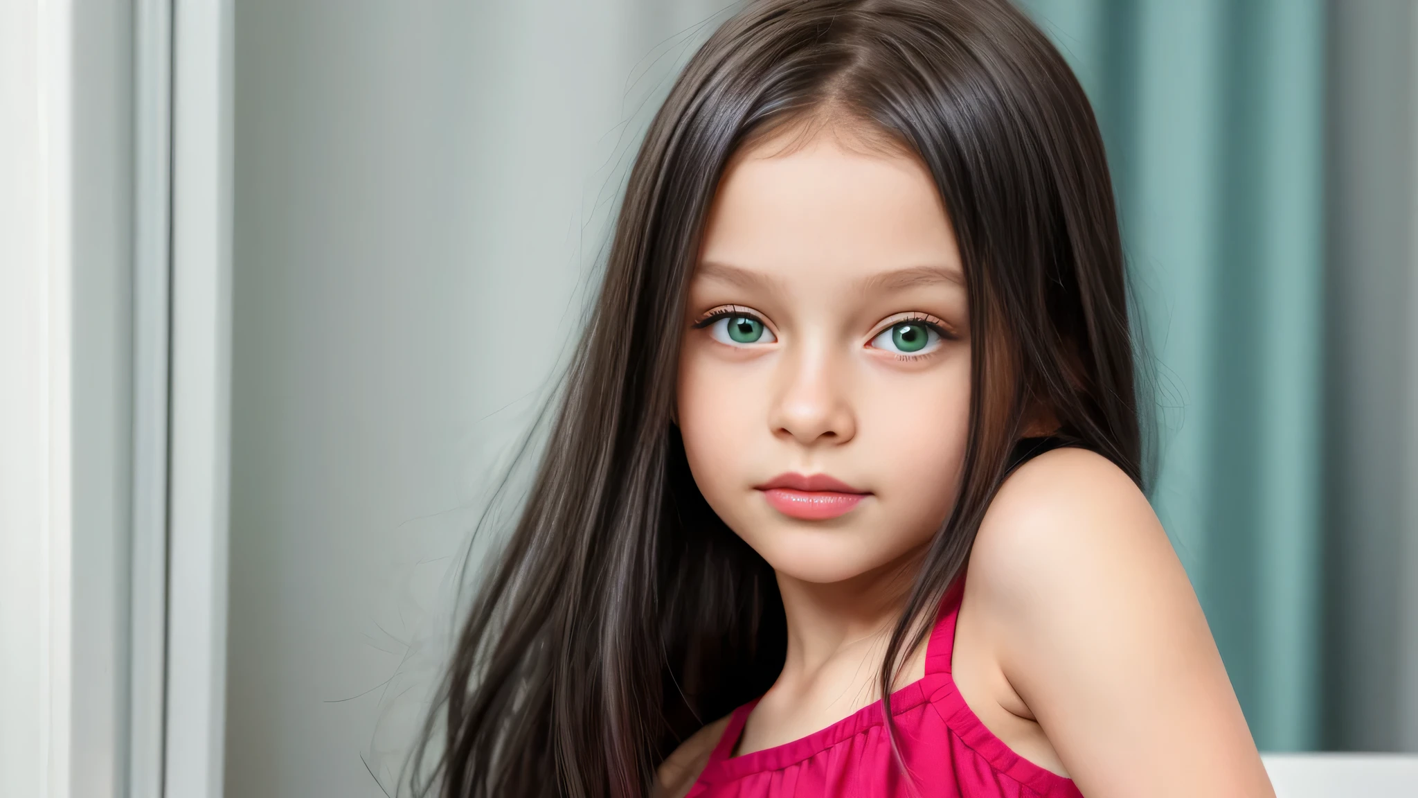 10-year-old Russian girl, small and delicate body, long black hair and green eyes、Natural skin texture, Hyper-realism, dreamy girl