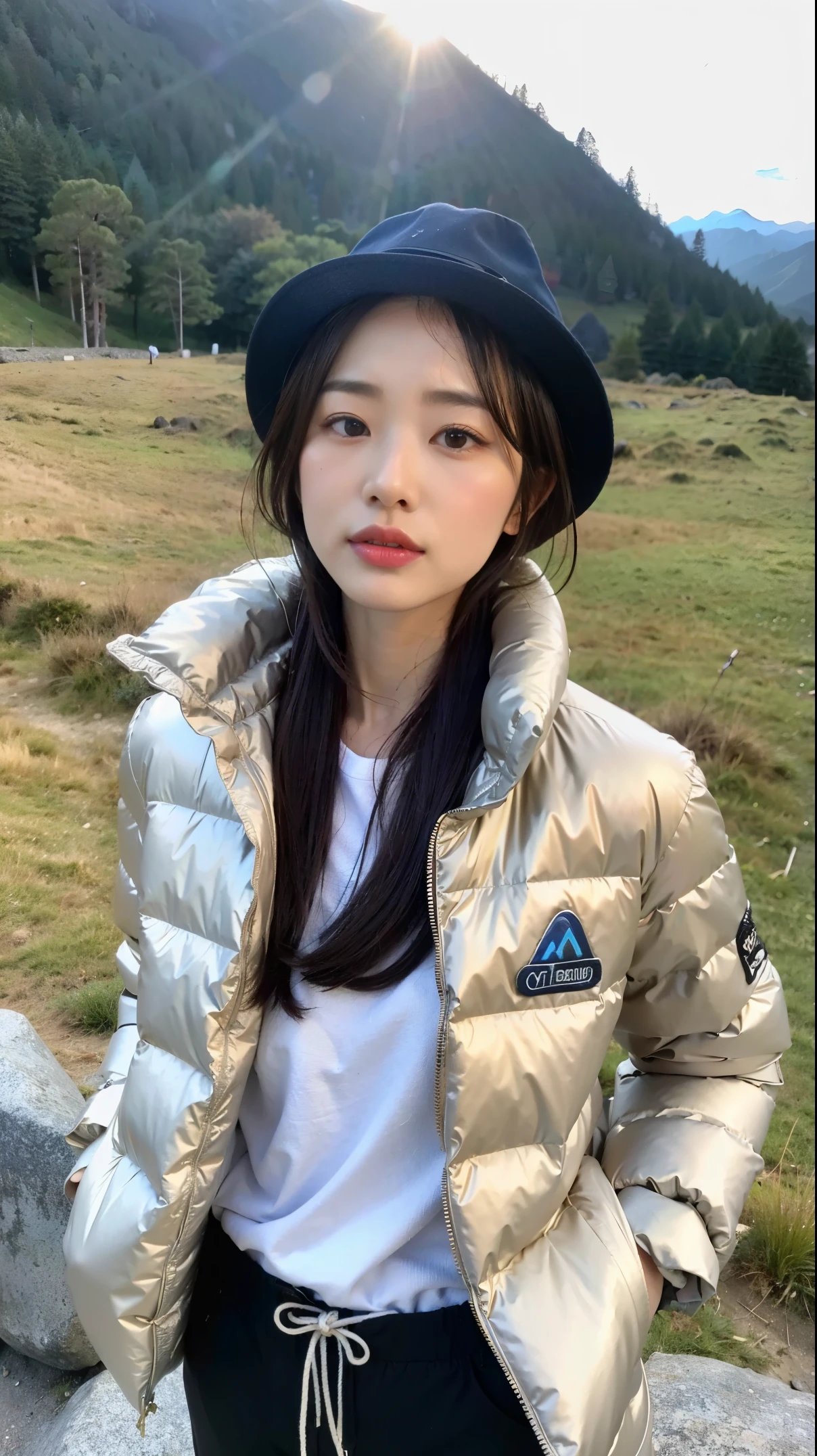 A cute woman who looks like An Nakamura、super clean and slim、outstanding style  、Super high quality、very delicate face, skin and hair、short hair、dark brown hair、((white down jacket and mountaineering pants))、((mountain girl))、((Mountain trail bathed in the morning sun))、8k images、Very cute Japanese cut-off face、Slender、medium breasts、Eyes and nose are clearly visible、gentle eyes、(Climbing poles in both hands)(stylish hat for mountain climbing)