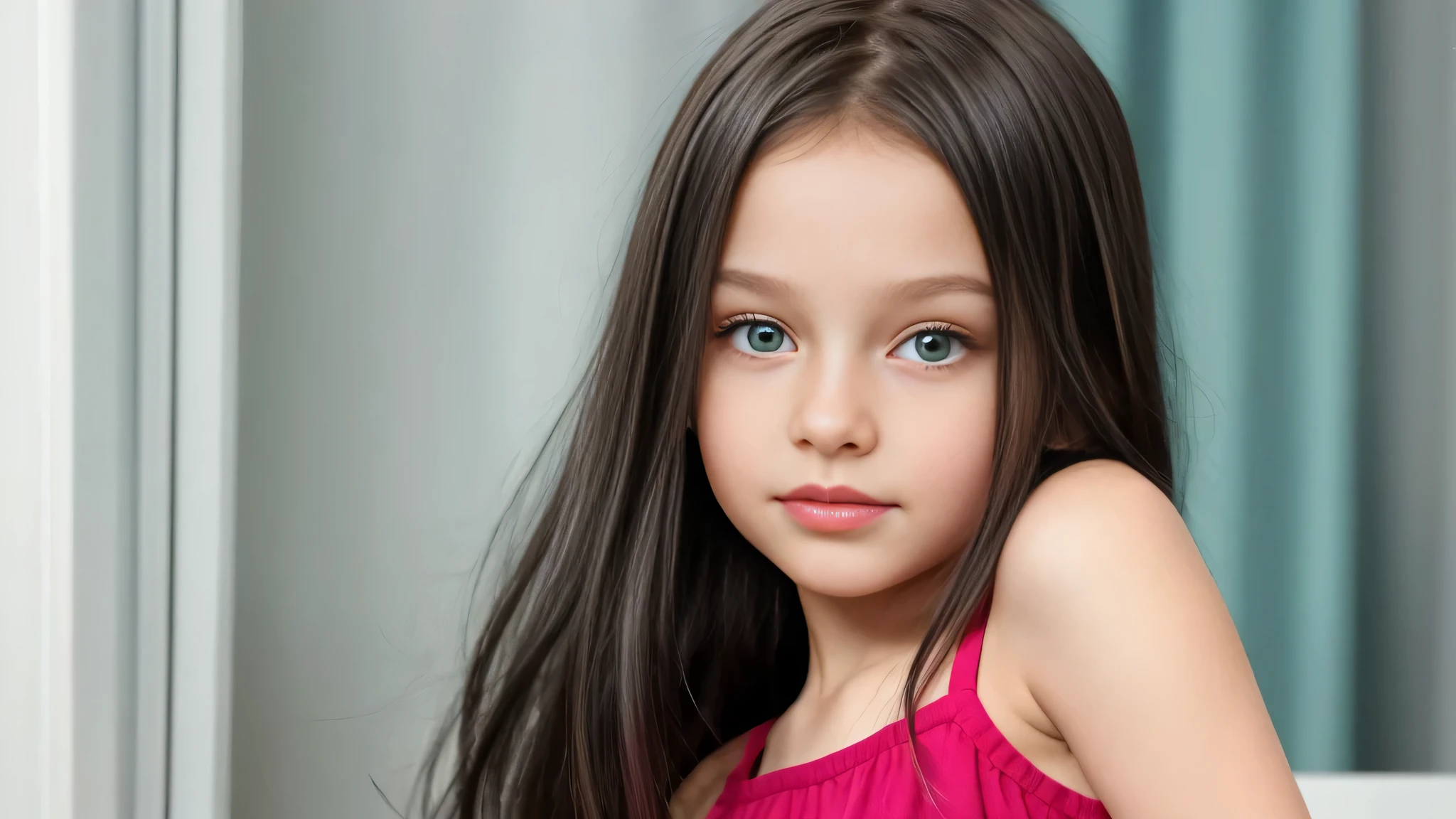 -yeld Ruan girl, small and delicate body, long black hair and green eyes、Natural skin texture, Hyper-realism, dreamy girl