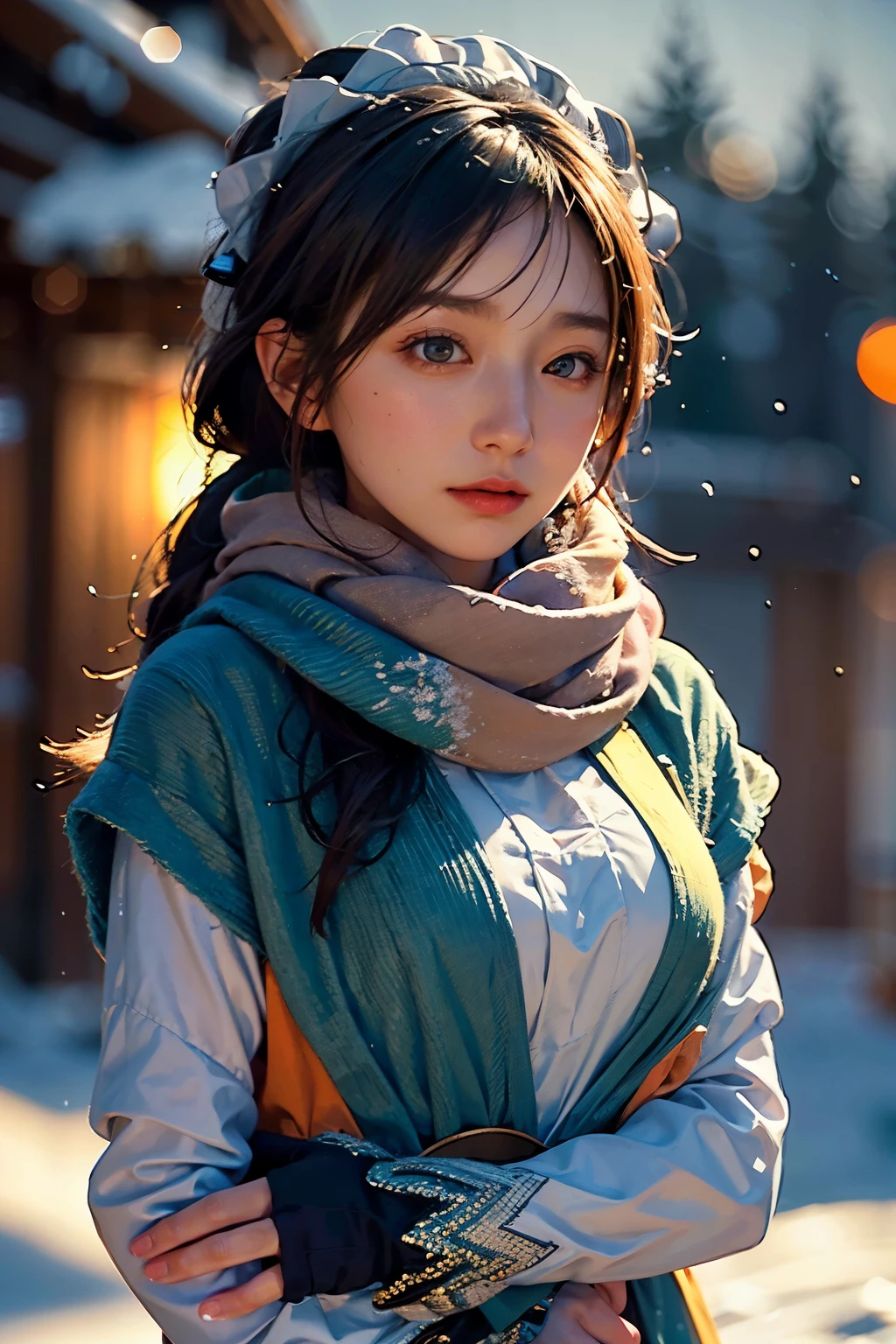 masterpiece,best quality,official art,extremely detailed CG unity 8k wallpaper,large breasts, 1girl, upper body, face close up,scarf, maid, snow shelter,exposure blend, medium shot, bokeh, (hdr:1.4), high contrast, (cinematic, teal and orange:0.85), (muted colors, dim colors, soothing tones:1.3),