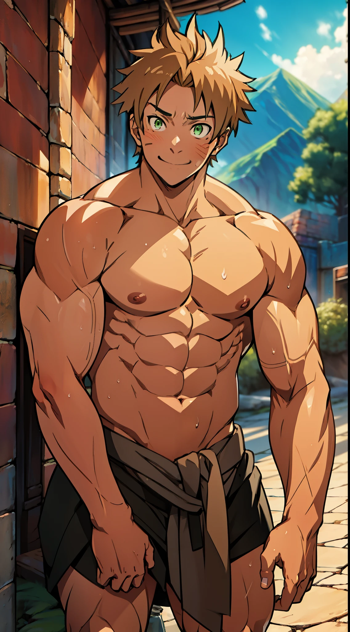 red skin, bright red skin, the boy blushed shyly , rosy skin, shiny skin(muscular thigh muscles )(Naruto anime style, art) (photo angle from bottom up) (photo angle from the ground upwards) [Anime photo][highest quality photo][4k,HD photo quality ] wear tight and short loincloths ,the loincloth bulges due to the erect male genitals (muscular thigh muscles, firm thigh muscles, muscular thigh muscles, sinewy thigh muscles, giant thigh muscles, strong leg muscles, muscular hamstring leg muscles)(thigh muscles bulging as if about to explode, muscular, calloused, sinewy, giant) , Rudeus Greyrat,fun, happy,bodybuilder,bodybuilding, standing, lots of sweat flowing down, topless, shirtless, hot sunny, 8 pack abs , short hair , green eyes