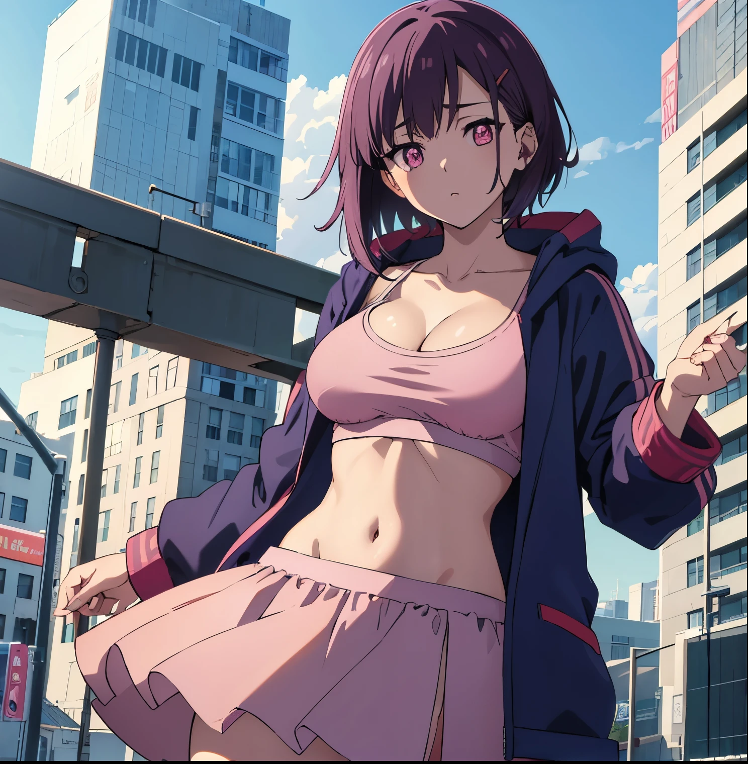 una chica en la calle,pov(desde abajo),shizuka mikazuki, short hair, purple hair, hair ornament, hairclip, (pink eyes:1.5), swept bangs, navel, cleavage, jacket, open clothes, midriff, hood, open jacket, blue jacket, hooded jacket, sports bra, hood down, outdoors, city, sky, sun, clouds, buildings, looking at viewer, (masterpiece:1.2), best quality, high resolution, unity 8k wallpaper, (illustration:0.8), (beautiful detailed eyes:1.6), extremely detailed face, perfect lighting, extremely detailed CG, (perfect hands, perfect anatomy),large breasts, medium waist, wide hips, medium thighs