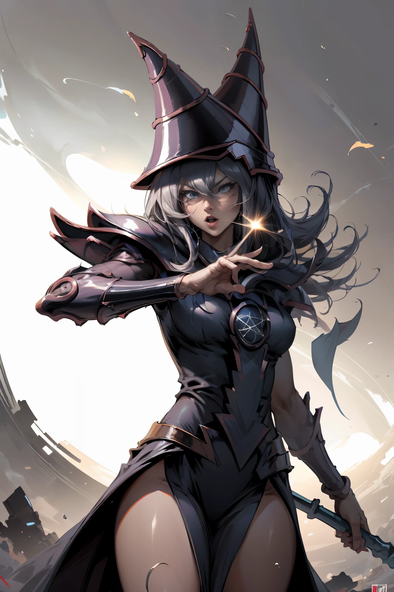 Dark magician gils. En batalla. Fighting position. Grito de ataque, fondo de apocalipsis. Cabello rubio y largo. Ojos azules. Labios rojos. Pose sensual y sexy.