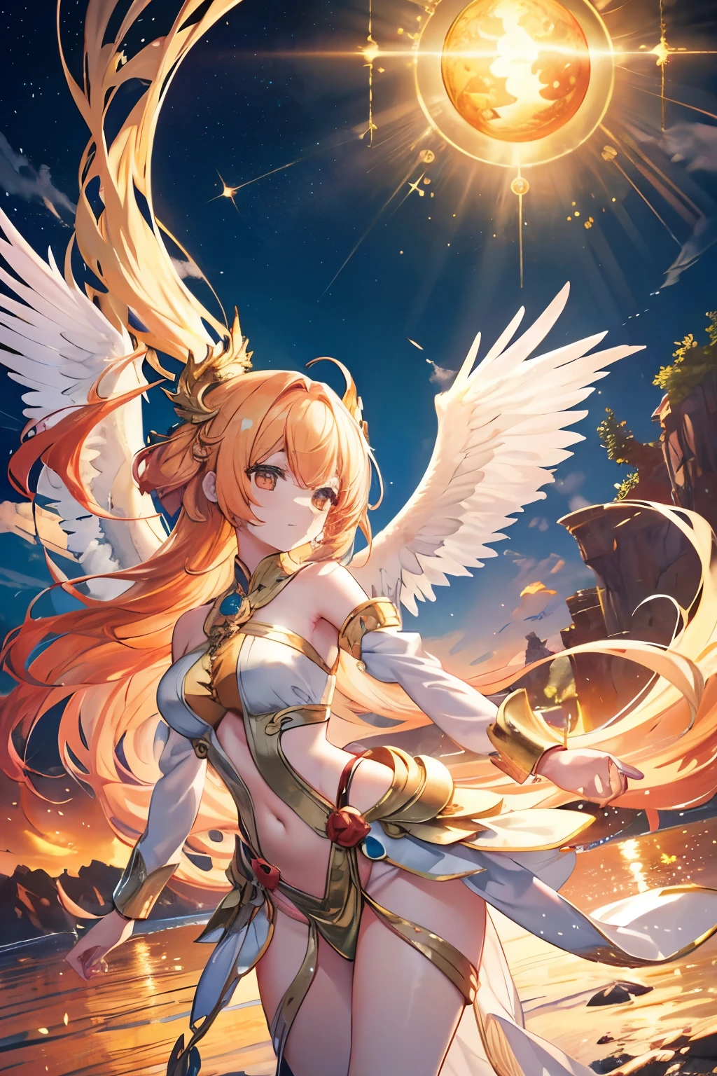 (muste piece:1.2, high quality),Golden Jupiter floats in the sky,A golden dragon climbs out of the sea,whole body,night,fantasy,mysterious