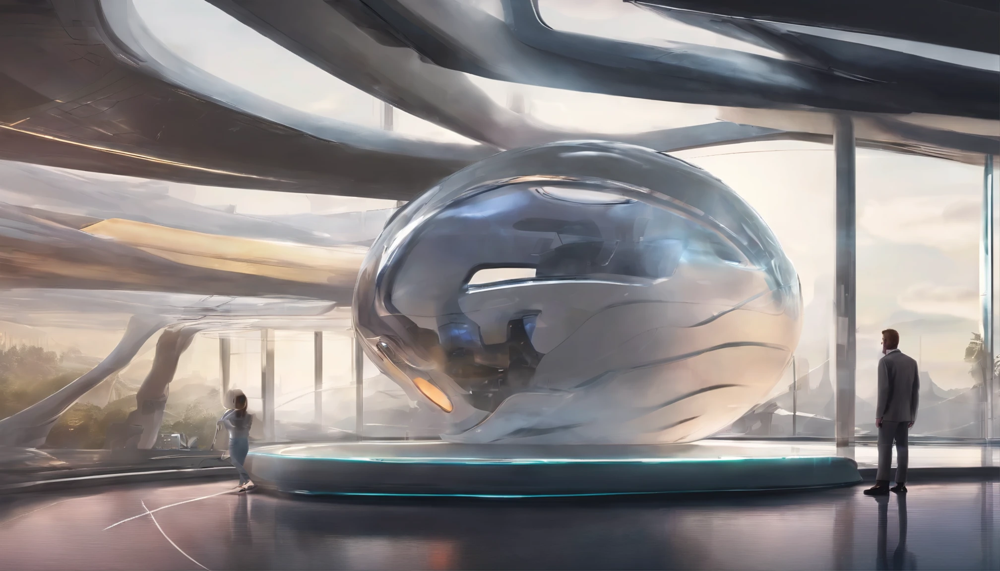 Imagine a sleek and advanced-looking pod-like structure resembling a sophisticated medical device with a human and an android inside. It stands about seven feet tall and is made of a combination of lightweight, durable metals and transparent, biocompatible materials. The outer surface is smooth and has a soft, pulsating glow that changes color as the conversion process progresses.