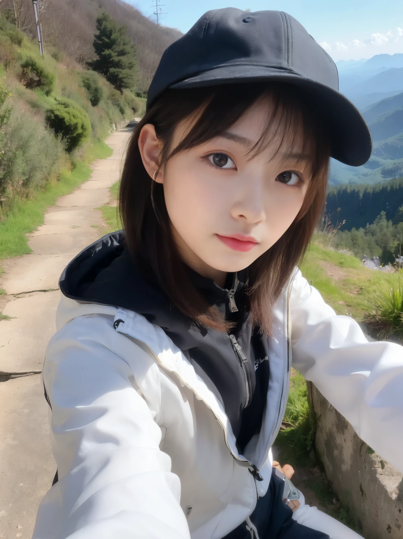 A cute woman who looks like An Nakamura、super clean and slim、outstanding style 、Super high quality、very delicate face, skin and hair、short hair、dark brown hair、((white down jacket and mountaineering pants))、((mountain girl))、((Mountain trail bathed in the morning sun))、8k images、Very cute Japanese cut-off face、Slender、medium breasts、Eyes and nose are clearly visible、gentle eyes、(Climbing poles in both hands)(stylish hat for mountain climbing)