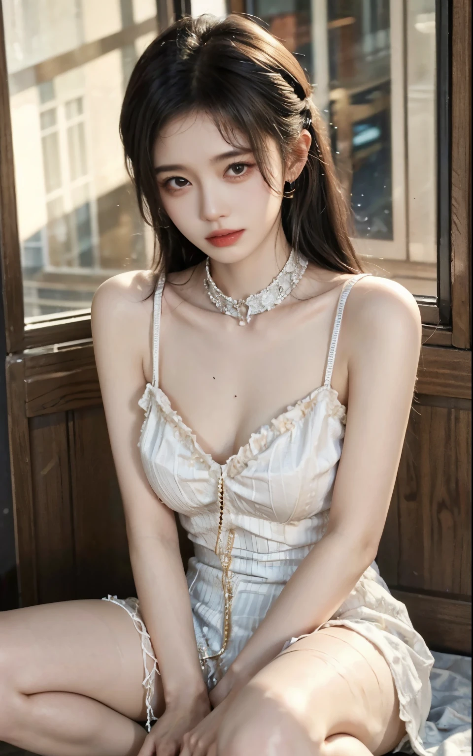 Super beautiful shining eyes、1 girl、huge chest mouth、saliva、between strands、Prisoner of Abrora、torn cloth collar、fetters、slave、chainetter、thigh、In the hustle and bustle of the city、Male college student squatting backwards with legs spread、tied up with a rope、Apply body oil all over your body、revealing costumes、professional writing、pantyhose，nipple protrusion
