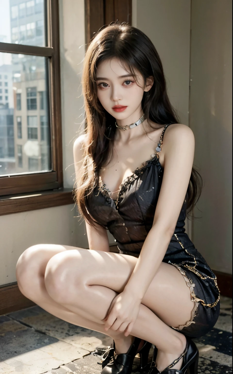 Super beautiful shining eyes、1 girl、huge chest mouth、saliva、between strands、Prisoner of Abrora、torn cloth collar、fetters、slave、chainetter、thigh、In the hustle and bustle of the city、Male college student squatting backwards with legs spread、tied up in chains、Apply body oil all over your body、revealing costumes、professional writing、pantyhose,nipple protrusion