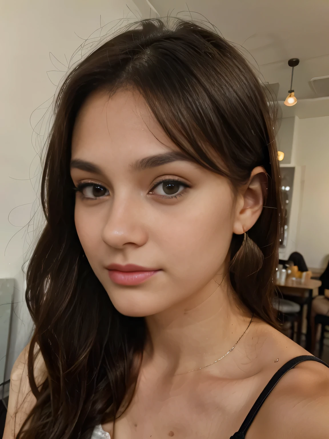 Photo of a 20 year old brunette woman, that has a very natural face, thin lips, thin eyes, thin eyebrows, thin nose, earrings, long eyelashes. She makes a cute selfie in a cafe