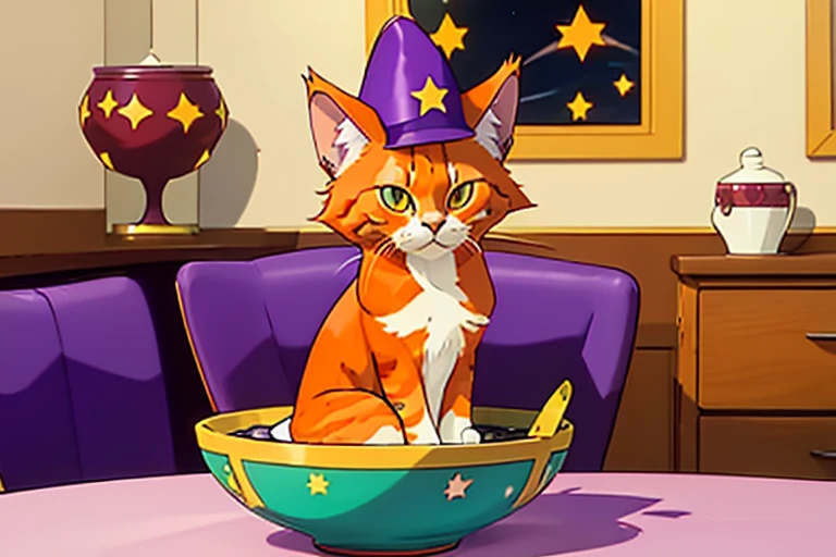 Longhaired orange cat wearing a purple pointy hat with stars on it. the cat is sitting in giant bowl of soup. it is the soup defender. the background is a dining room. it is drawn in the style of the Pokémon animated show.