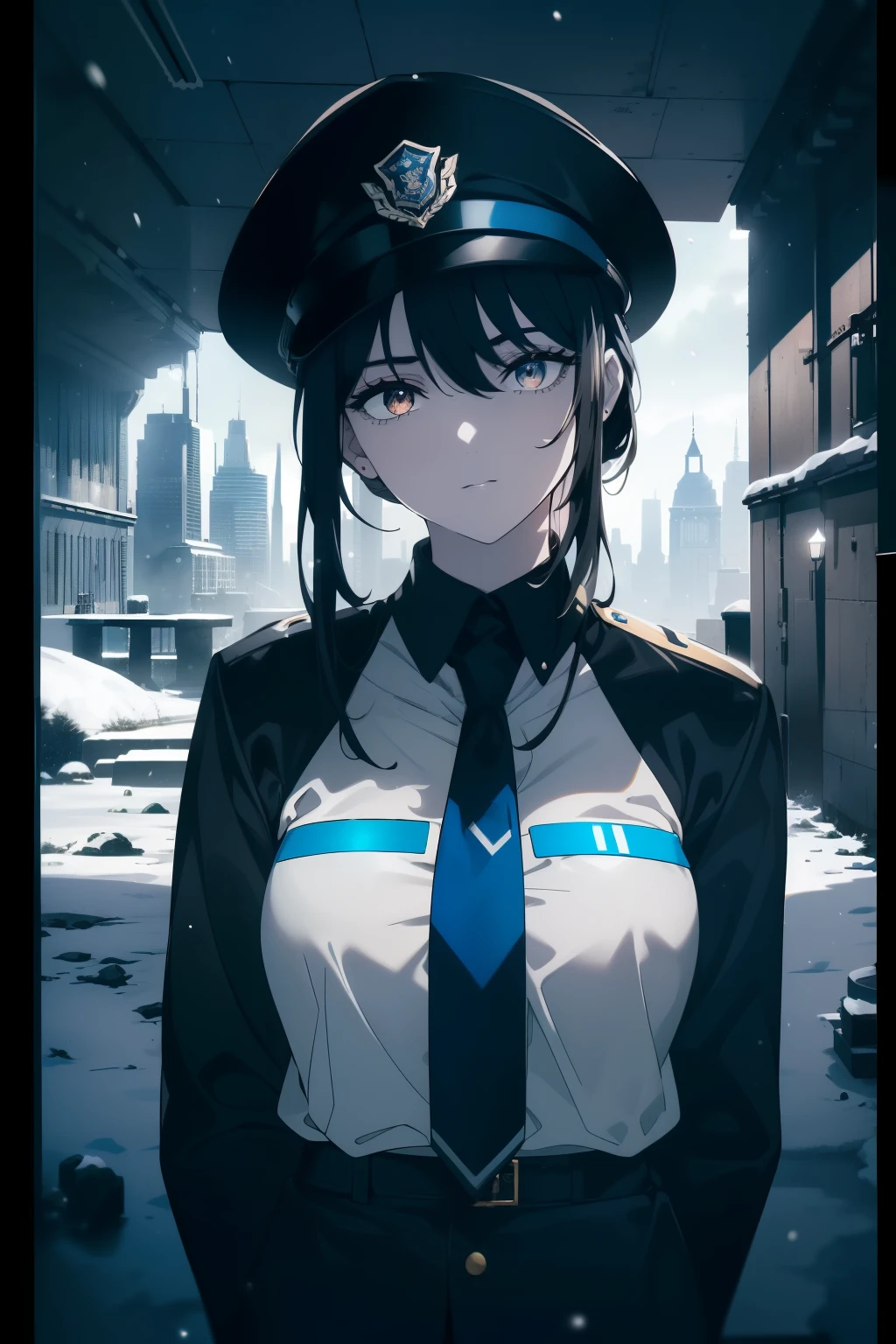 ((Obra maestra, La mejor calidad, ultrahigh resolution)), 1girl, standing, confidant stance, (((((police officer, wearing blue police uniform, police unifrom)))), (((wearing beat cop hat))), (black, black beat cop hat), (((black hair, dark black hair))), long hair cut, pale skin, ((brown eyes)), glowing_eyes, neon eyes, (ultra detailed eyes:0.7, beautiful and detailed face, detailed eyes:0.9), ((centered)), smile, ((wide shot)), facing viewer, eye level, ((vibrant background, snowy landscape, cityscape, snowing, snow)), flat chested, looking at viewer, ((half closed eyes)), ((perfect hands)), ((head:1, armored arms, hips, elbows, in view:1)), (((hands behind back))), empty eyes, beautiful lighting, outside, outdoors, background, defined subject, (25 years old), (head tilt), (((epic))), (((cool))), ((shaded face))