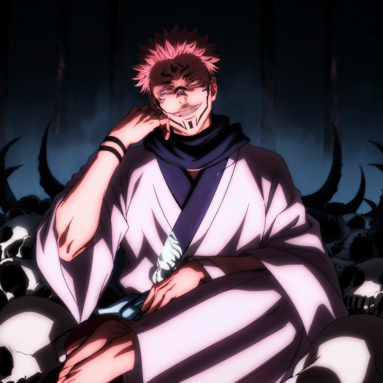 masterpiece,high quality,alone,
Ryoumen Sukuna,1 man,
blue scarf,kimono,white kimono,wide sleeve,long sleeve,
heart,
or,Zuri,
face with shadow,with an evil smile,
animal skull,
skull,sitting,
put your hand on your face,shining eyes,