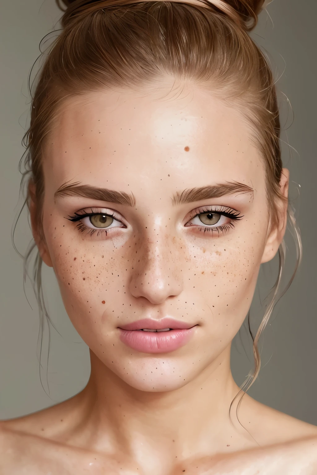 a close up of a woman with a messy bun in her hair, a photorealistic painting by irakli nadar, trending on cg society, digital art, sexy face, attractive beautiful face, perfect face and eyes, light freckles, elegant freckles, perfect face ), soft freckles, gorgeous attractive face, extremely beautiful face, hint of freckles, beautiful fine face features