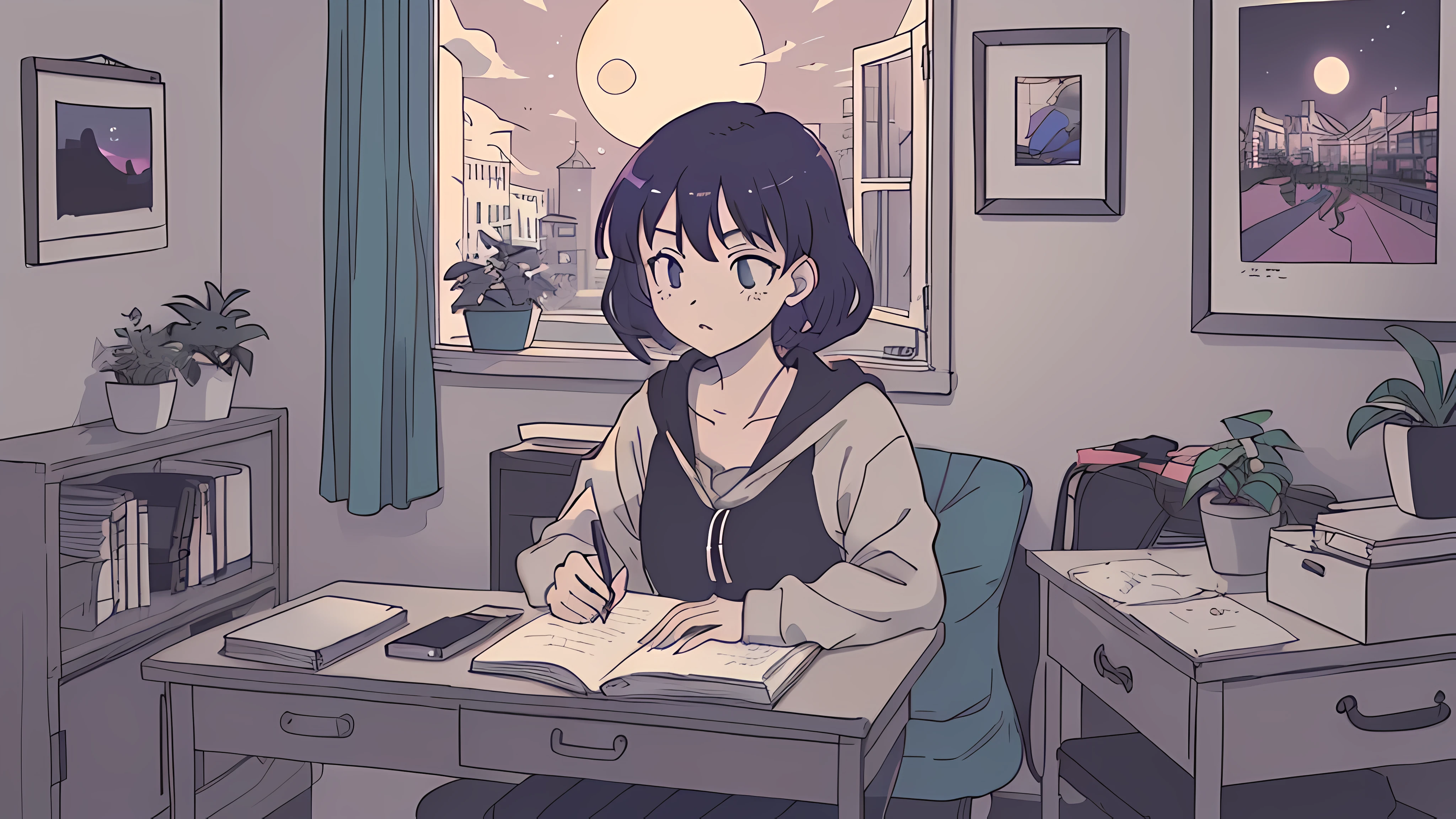 (masutepiece:1.5, Best Quality:1.5), ((Vaporwave Style, partially coloring)),In a cozy apartment, Girl studying diligently at desk alone,dim room,Stylish warm lighting, Coffee on the desk,I can see the moon from the window,Room decorated with plants