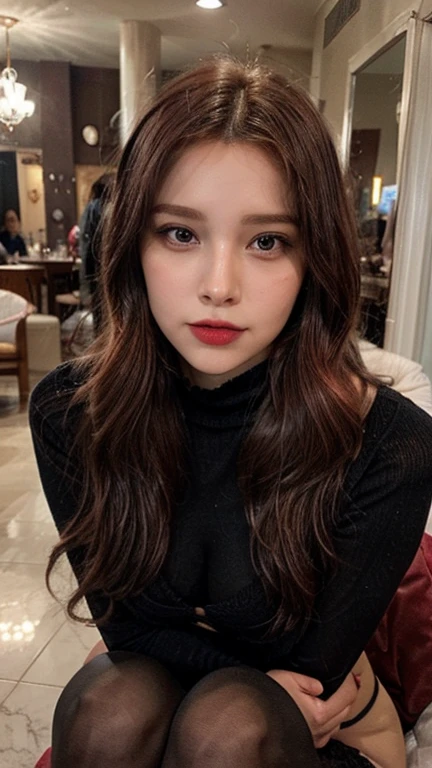 Chica super realista, 24 years old, de tes blanca, contextura media, cherry red dyed hair, cabello largo ondeado, rostro redondo, ojos almendrados, ojos grandes, small upturned nose, labios carnosos y rosados. Caderas anchas y cintura delgada, busto mediano. That she is wearing a black corset and black tights. (Full body photography) (de frente mirando hacia el espectador) (con la mano derecha cogiendo su cabello y con la mano izquierda en la cintura)