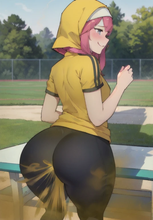 , view from behind,girl wearing tracksuit and legging,girl wears hijab,girl smiling shyly,girl sitting on a bench, blushing,school sports field,(masterpiece:1.2、top-quality)、(the Extremely Detailed CG Unity 8K Wallpapers、ultra-detailliert、Best Shadows)、(细致背景)、(The best lighting、extremely delicate and beautiful)、depth of fields、1girl in、独奏 ,Women,((((Girl is embarassed when she farting)))),(profile facing diagonally))))),(()),((embarassing look)),((massive fart))