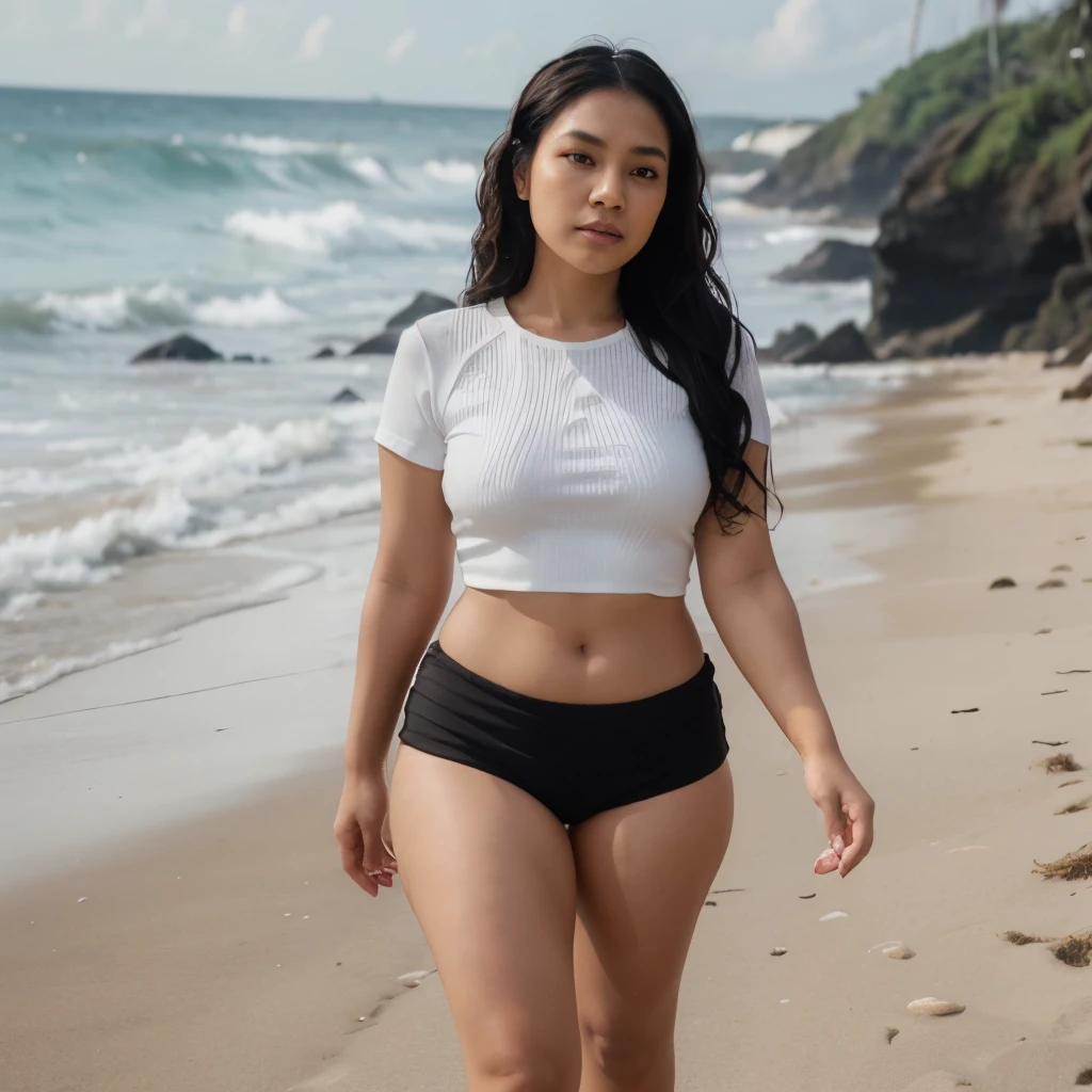 8k,malay woman,naturally cute face,extreme details skin,curvy,long black waves hair until hip,wearing white tight top and brown short shorts,flip flop,walking at the beach