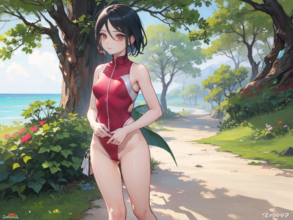 (((Sarada, pretty butt, sexy, thong swimsuit, standing, small breasts))), (Sarada Uchiha, Sozinha, cabelo curto, Angled Textured Bob) ,Eyeglasses, selva, red swimsuit, peito pequeno, ((swimsuit monokini, de lado, artistic composition, boa qualidade, alta qualidade, qualidade detalhada, best quality, Angled Textured Bob, seios pequenos)),(artistic composition, super detalhada),(olhos delicados), usando batom vermelho, cabelo preto curto,(corpo fitness, corpo atletico), pele bronzeada, red sexy swimsuit, standing under a tree. olhos detalhados. bumbum grande. de lado, marquinha de bronzeado. perspectiva lateral,(Uchiha Sarada, marquinha de bronzeado, Obra Prima)