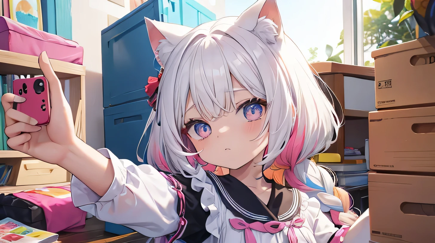 loli, escondendio as maos. com roupa estilosa, cabelos brancos com mexas coloridas multicolor, olhos multi color, orelha de gato, rabo de gato.selfie, olhando para o espequitador