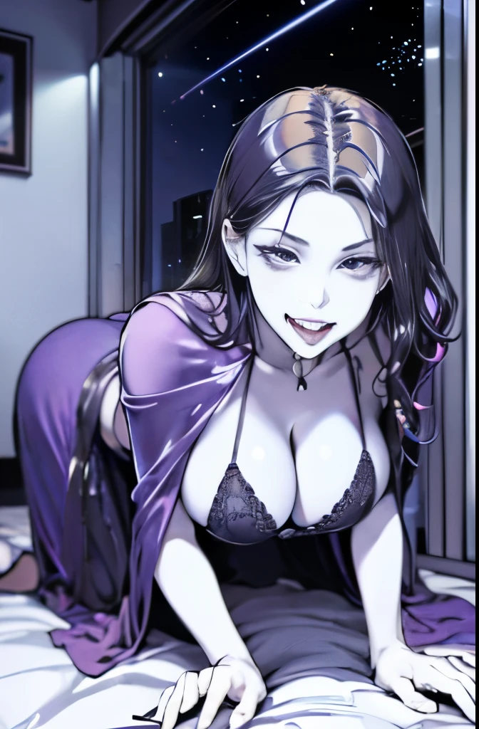 a beautiful lady, solo, all fours, close up, (milf, sexy mam, beautiful madam), bewitching smile, bodycon、Lock, breasts, cleavage, bedroom, luxury room, bed, low light source、There are few light sources、dark tone color、Gonzo、(((Room without electricity late at night, A woman breaks into a room with the lights off、night crawling、open your mouth、stick out tongue、TongueDrop、Drool、grin、Vulgarity、wear a satin gown、pov)))