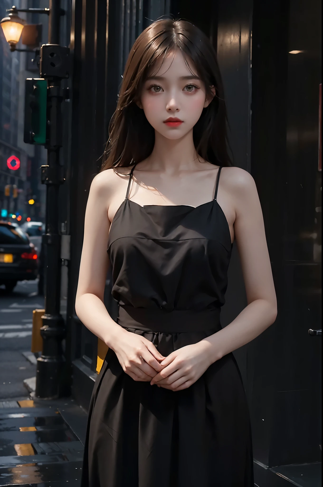 1 girl, (Looking at Viewer:1.2), detail face, (standing girl, Lending at CG Society, Black Shadow, streaming, New York Background), romanticism, Atmospheric, (Raw photo, best quality), (Reality, photo-Reality:1.3), muste piece, very delicate and beautiful, Extremely detailed,8k