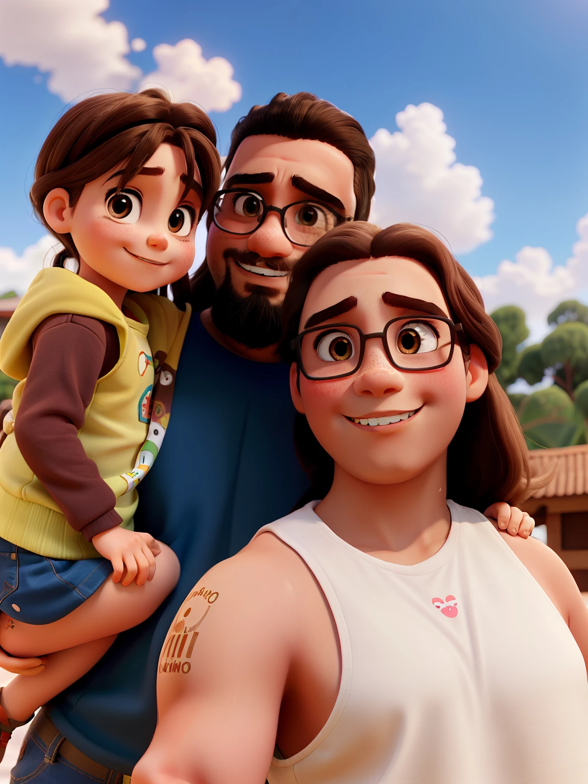 child girl with long brown hair cute eyes and dimples, homem gordinho com barba olhos brilhando, mulher loira sorrindo com