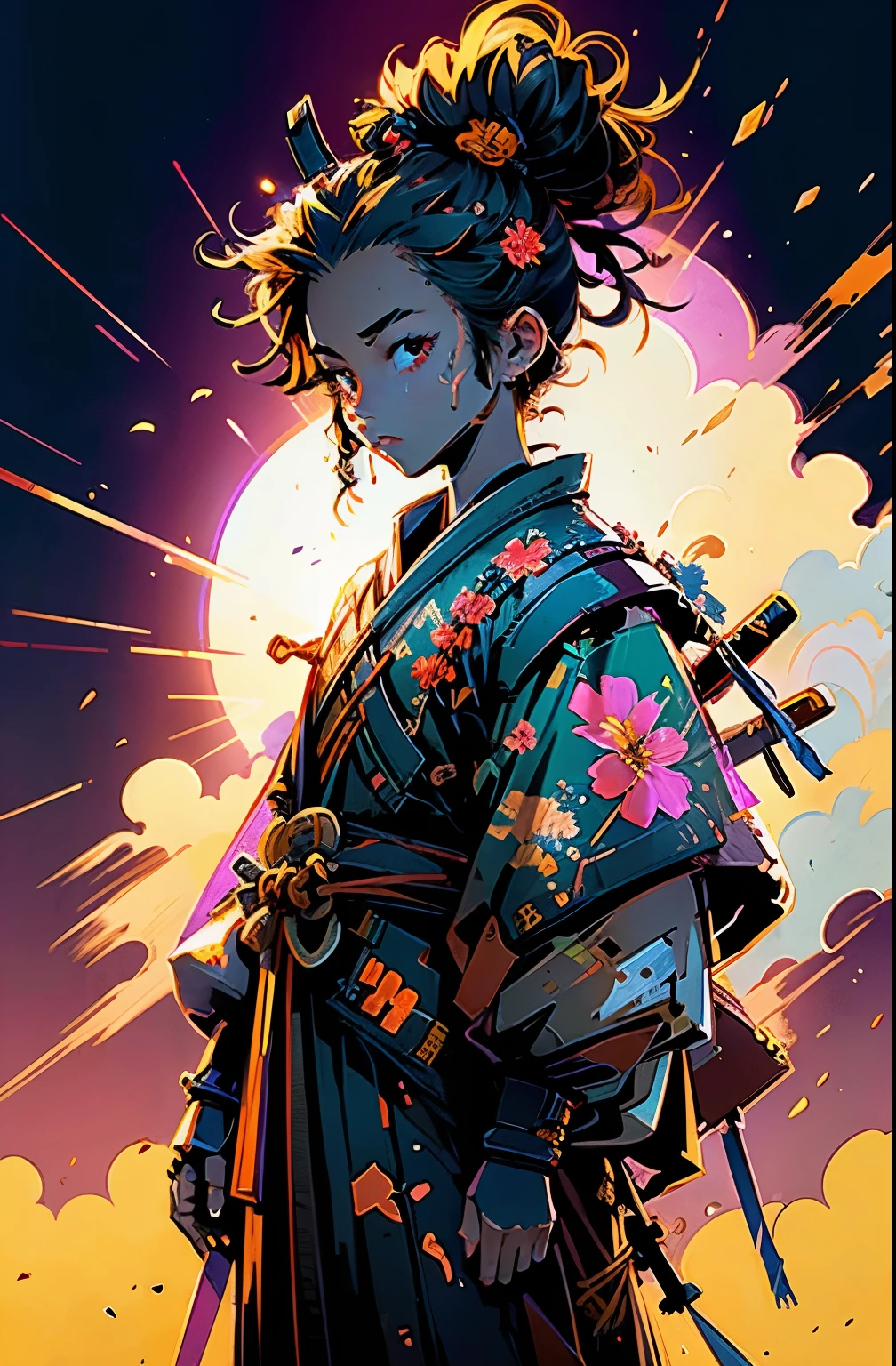 a samurai kid with floral background, sundown (golden sun)